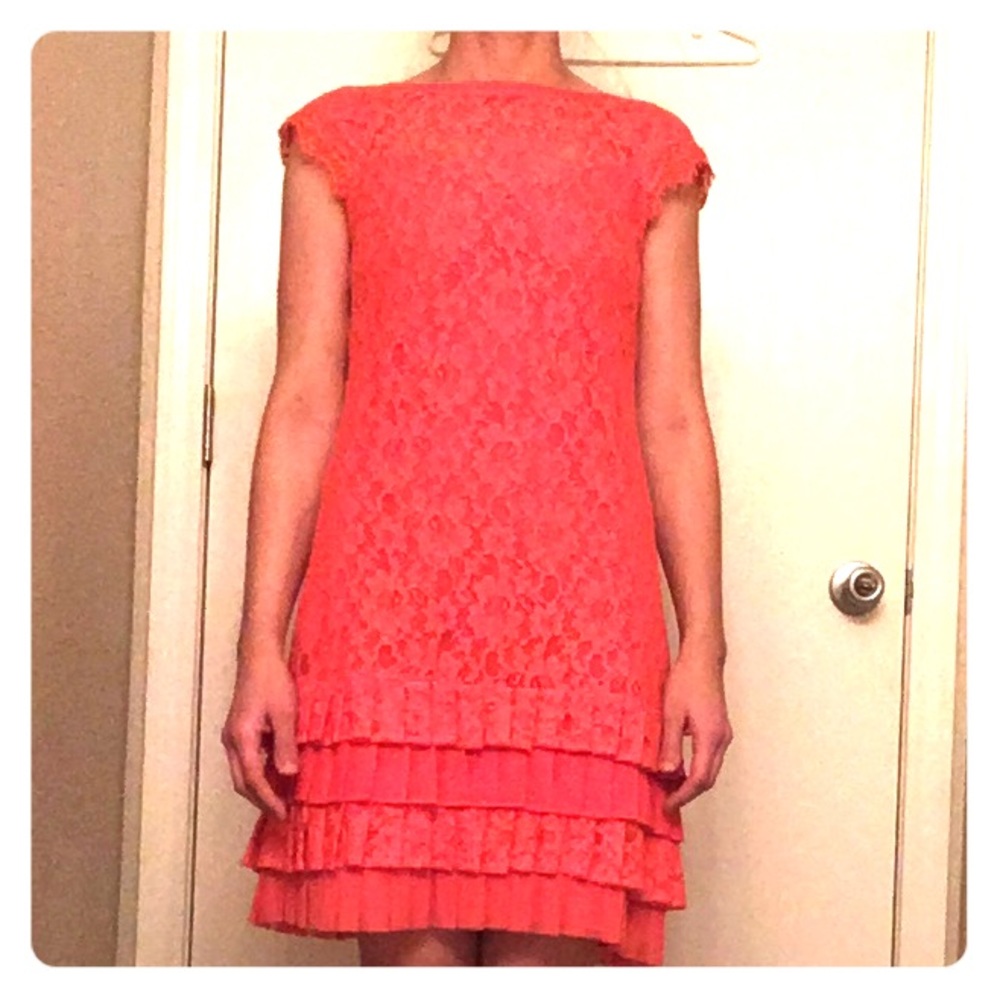 Bateau-Neck Lace Shift Dress, Coral
